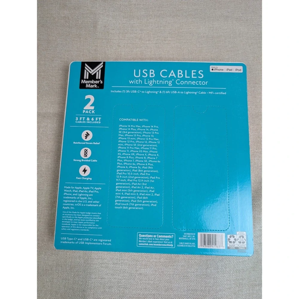 USB Lightning Cables  Silver NWT Braided 2 Pack 3ft 6ft